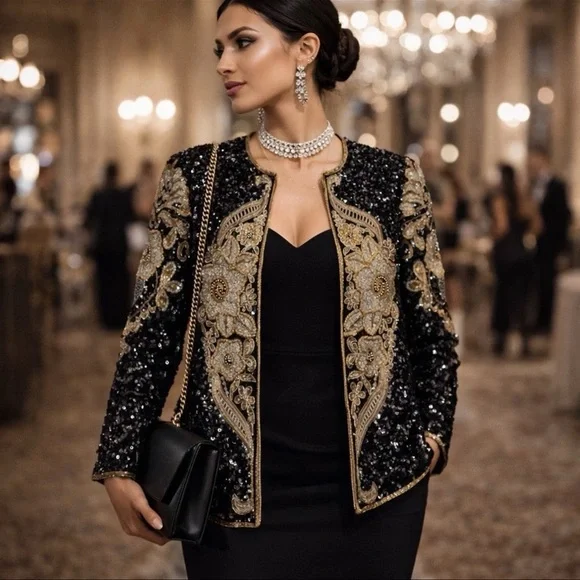 Vintage Night Vogue Black Sequin Silk Jacket Gold Embroidery Formal Sz M - Picture 1 of 10